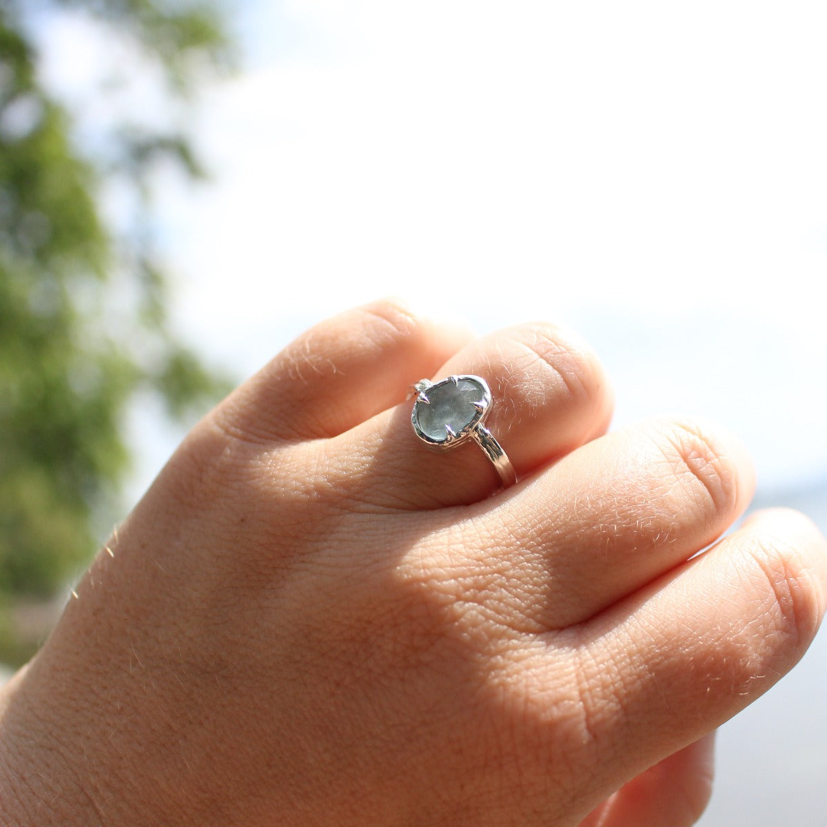 Rose cut Aquamarine Ring - light blue