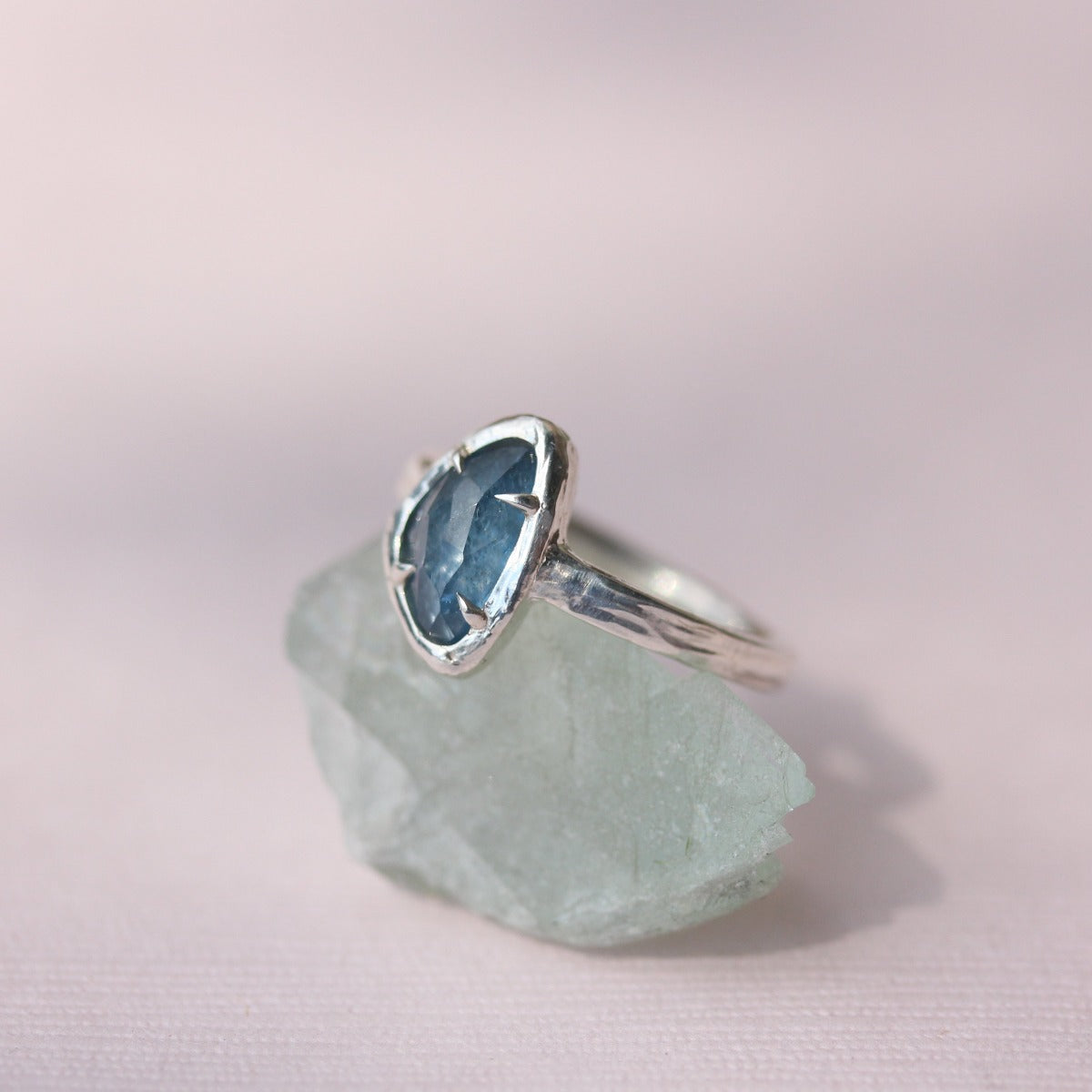 Rose cut Aquamarine Ring - dark blue