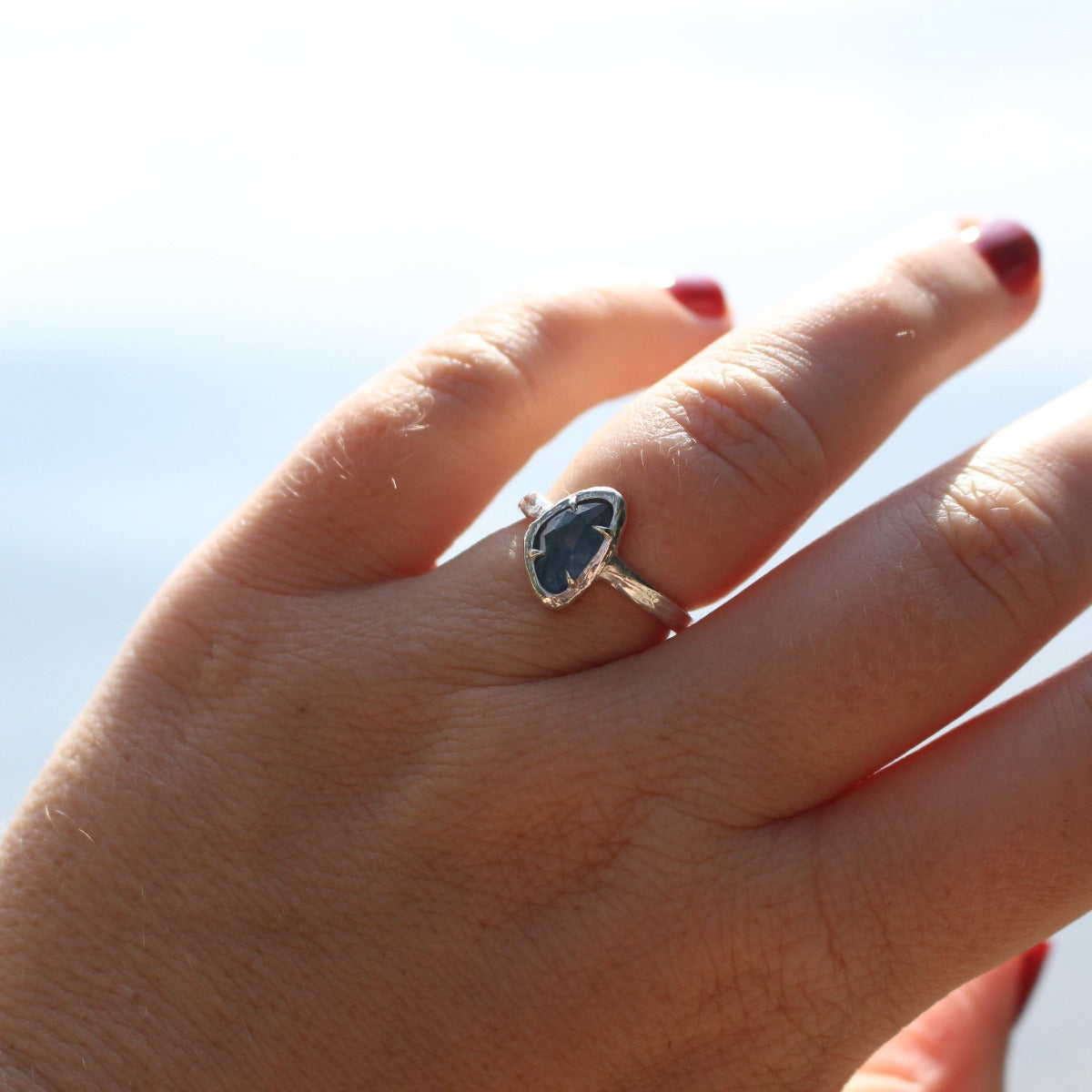 Rose cut Aquamarine Ring - dark blue