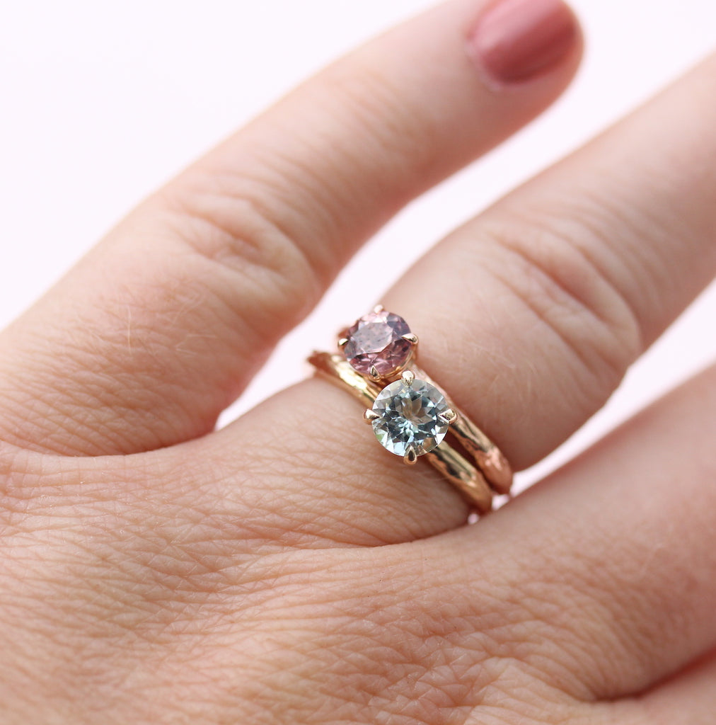 Aquamarine and garnet engagement ring