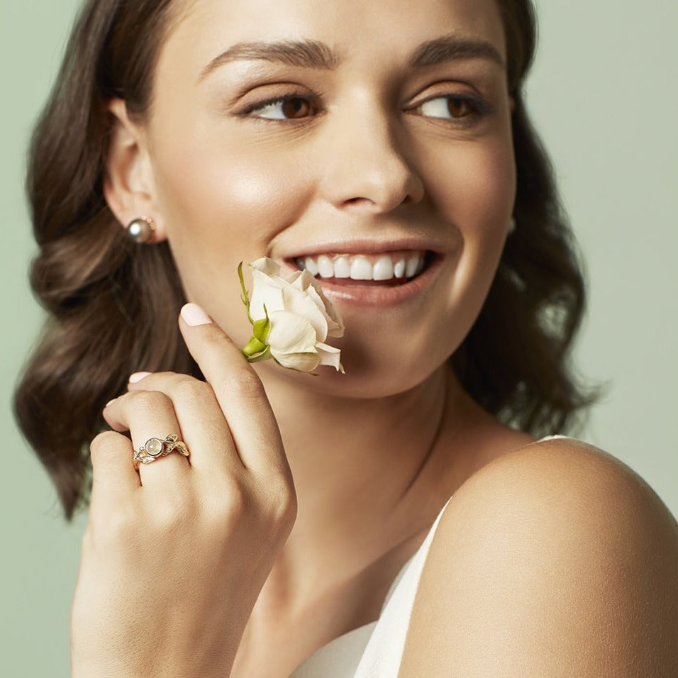 Rose cut organic ring on finger