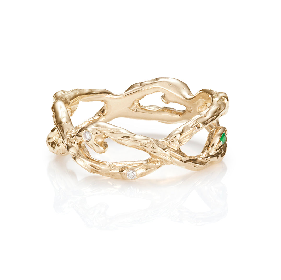 Organic Yellow gold Branch ring with Diamonds and Emerald