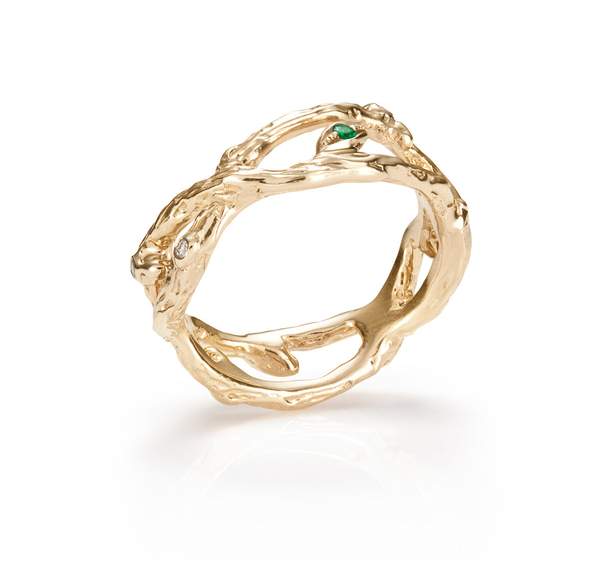 Organic Yellow gold Branch ring with Diamonds and Emerald
