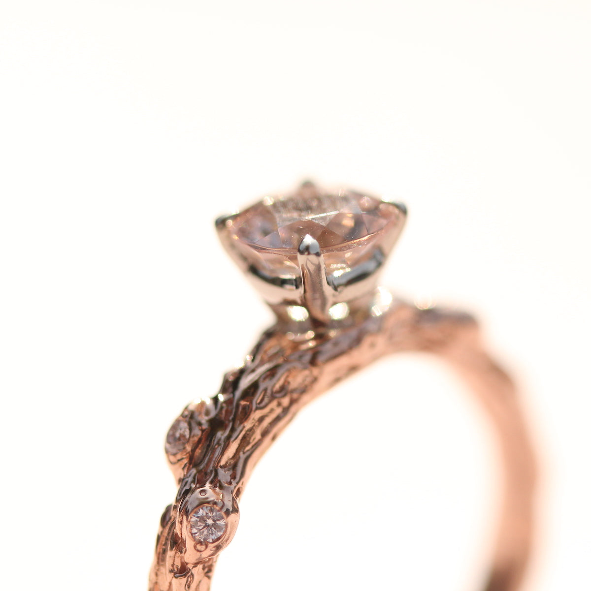 Morganite branch ring side view