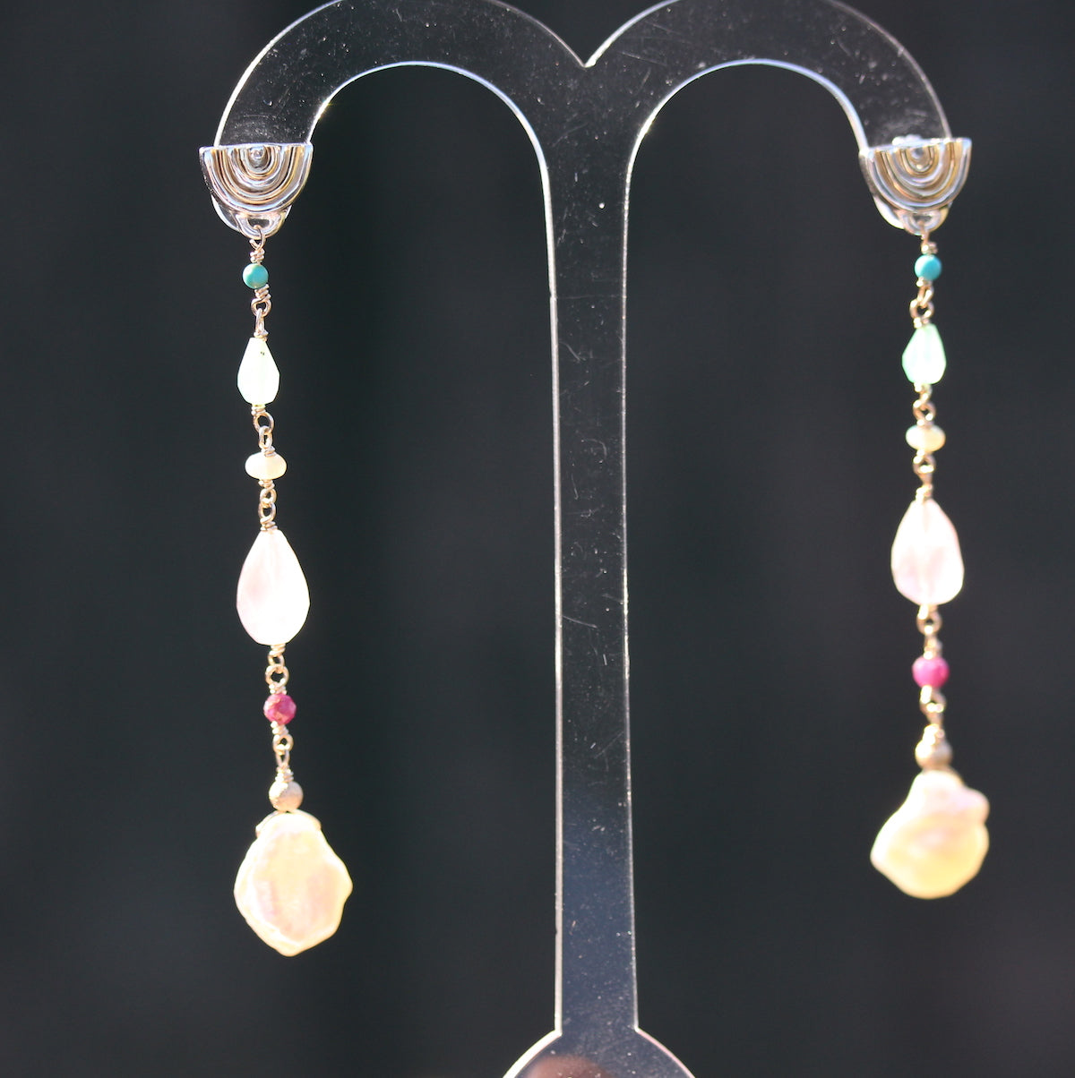 Drop rainbow and gemstone earring - two tone
