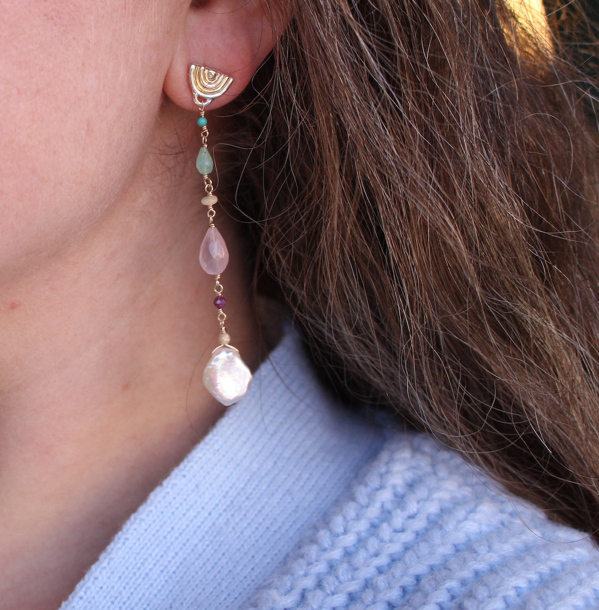 Drop rainbow and gemstone earring - two tone