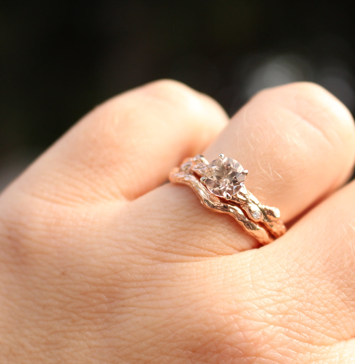 pale pink gemstone rose gold ring with matching band