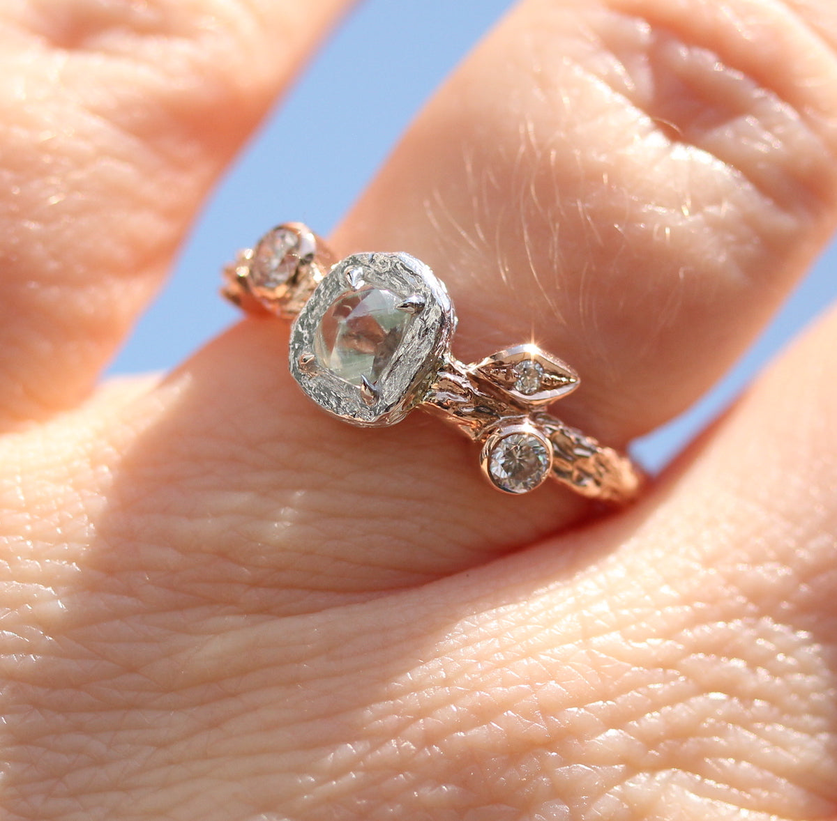 Organic Leaf and Branch Ring with Rough Diamond