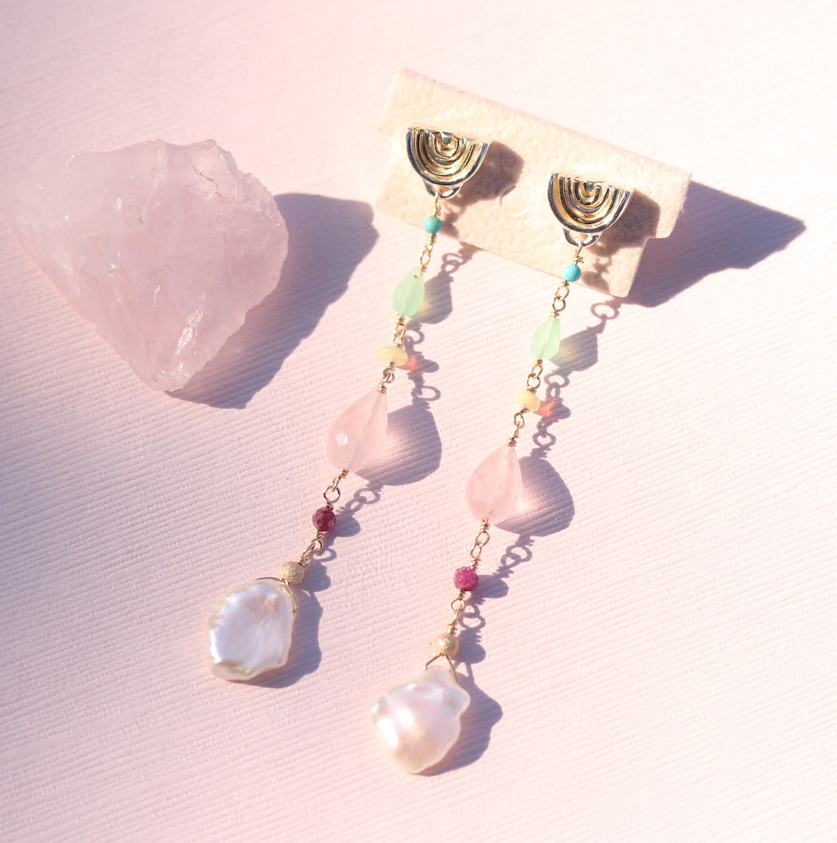 Drop rainbow and gemstone earring - two tone