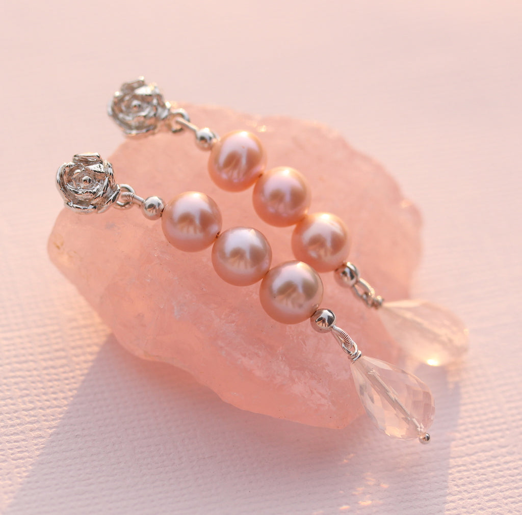 Peony studs with pearls and rose quartz drop earrings