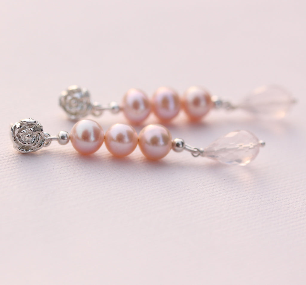 Peony studs with pearls and rose quartz drop earrings