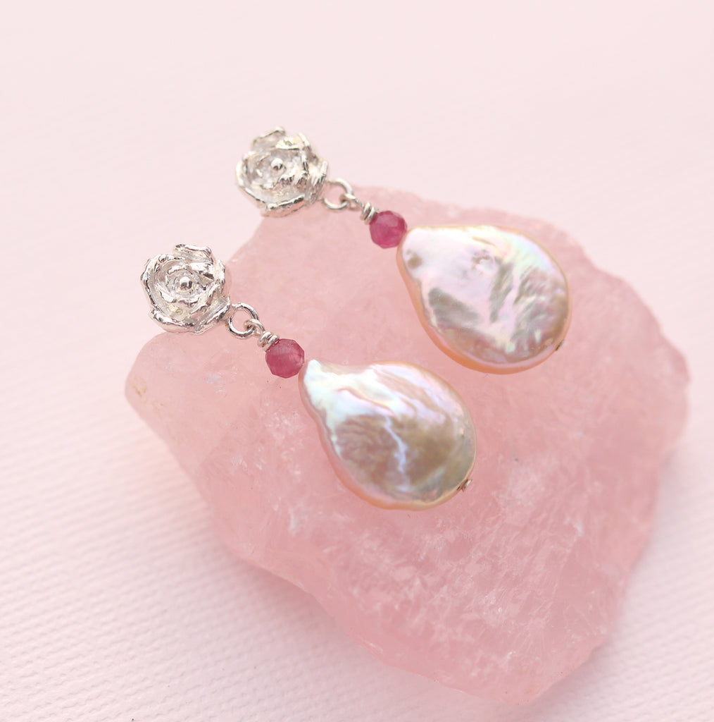 peony silver stud, pearl and pink tourmaline drop earrings