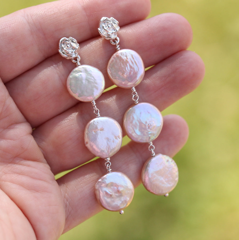 Peony Earrings - Drop Coin Pearls