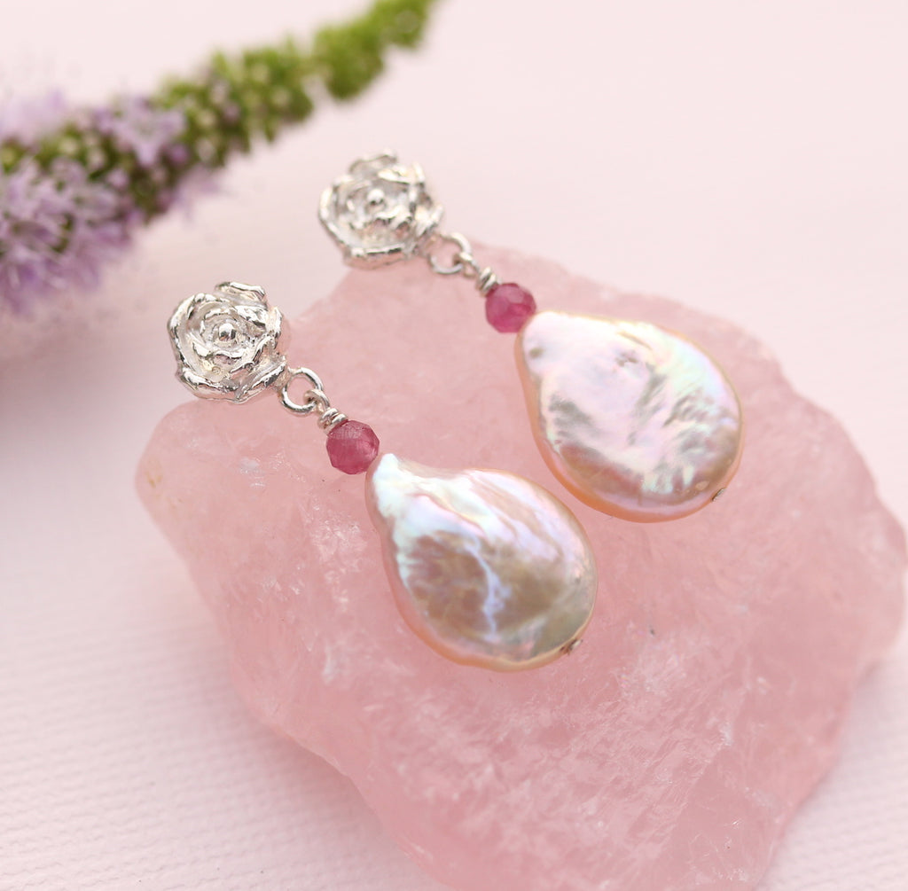peony silver stud, pearl and pink tourmaline drop earrings