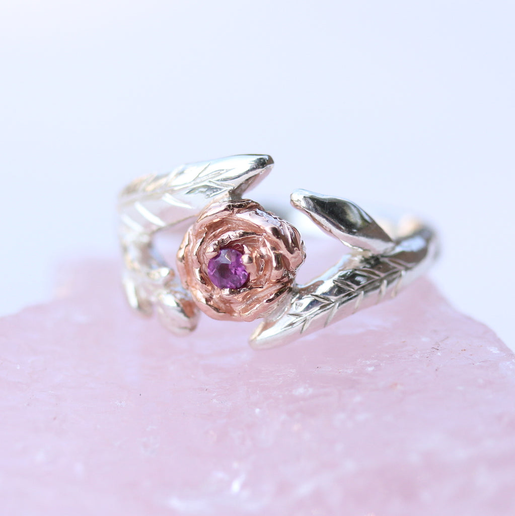 peony ring with sterling silver, rose gold and garnet