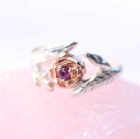 peony ring with sterling silver, rose gold and garnet