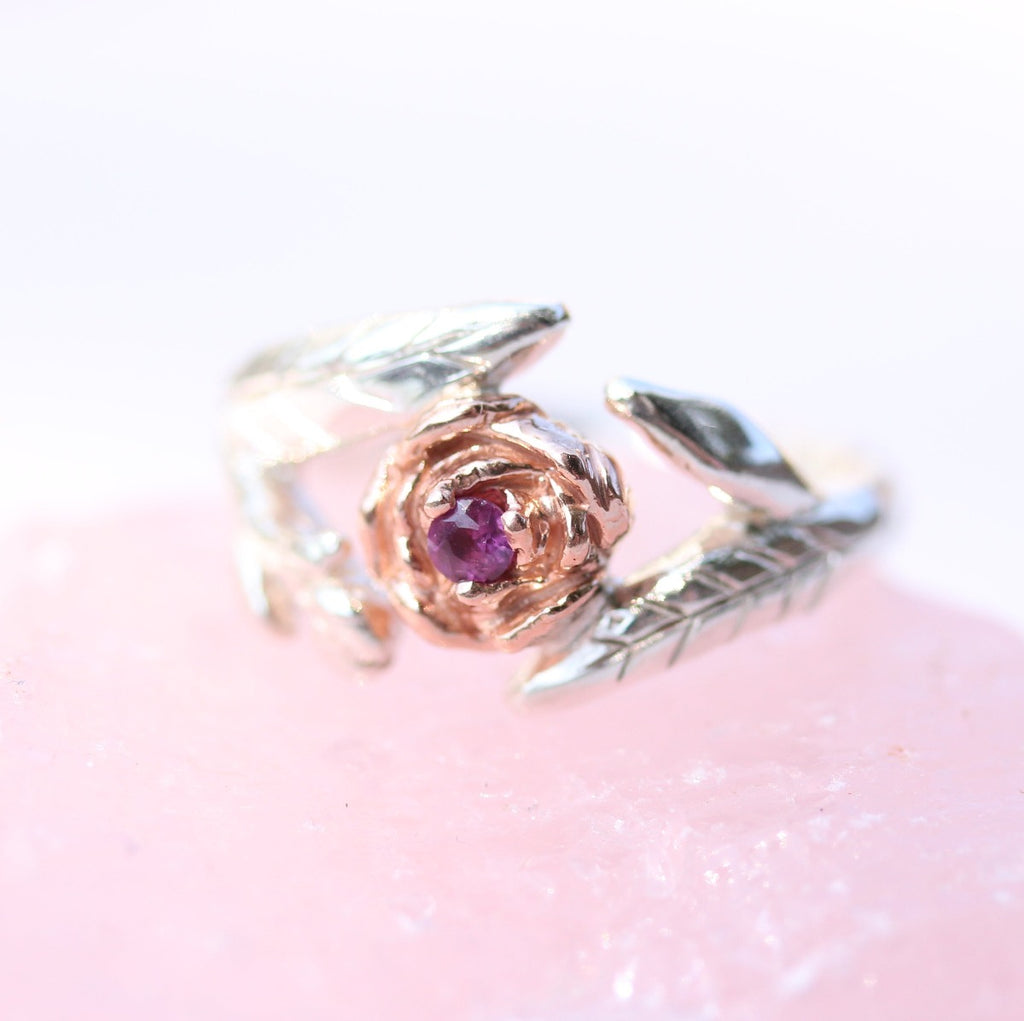 peony ring with sterling silver, rose gold and garnet