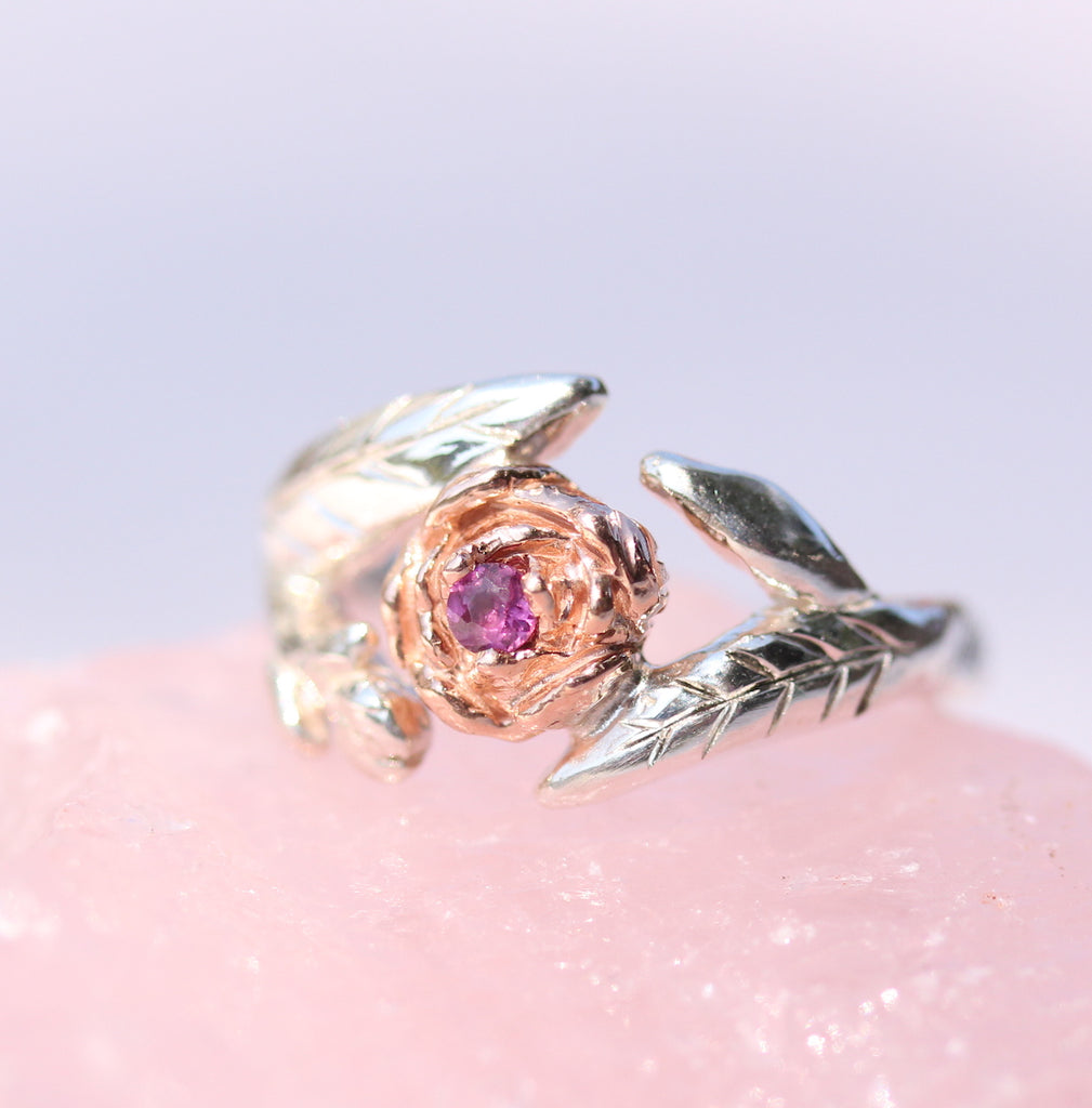 peony ring with sterling silver, rose gold and garnet