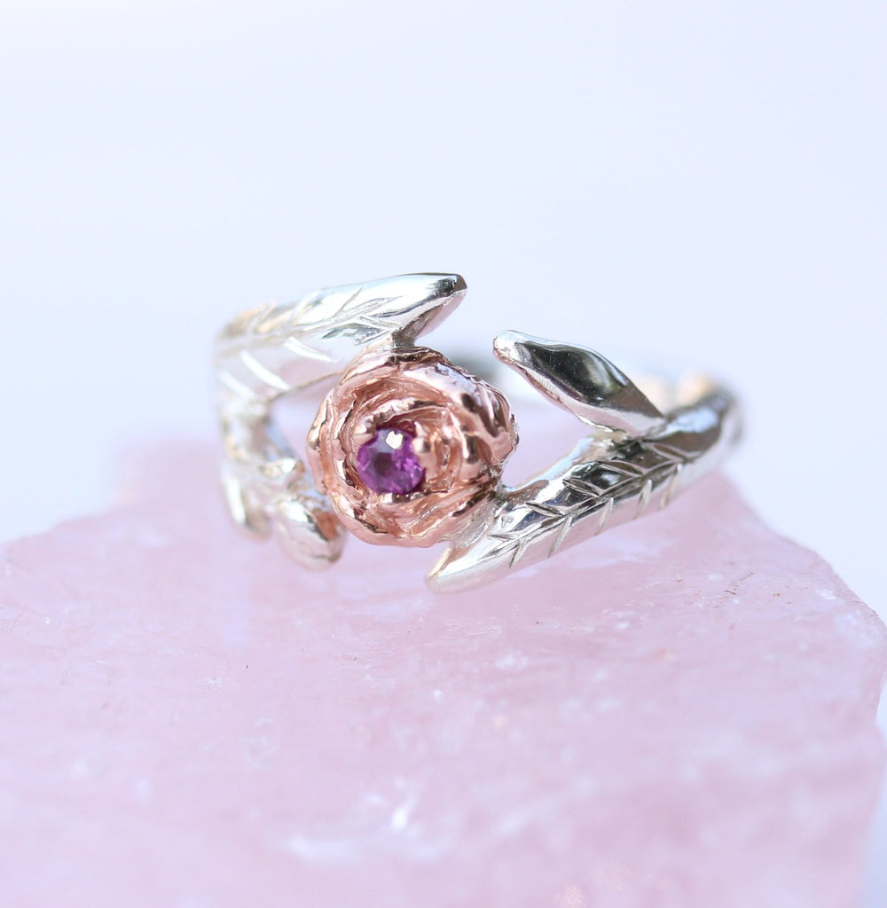 peony ring with sterling silver, rose gold and garnet