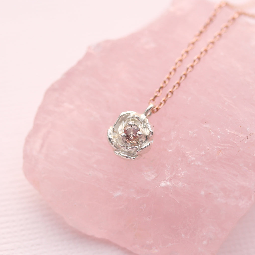 peachy/pink sapphire peony pendant with rose gold chain