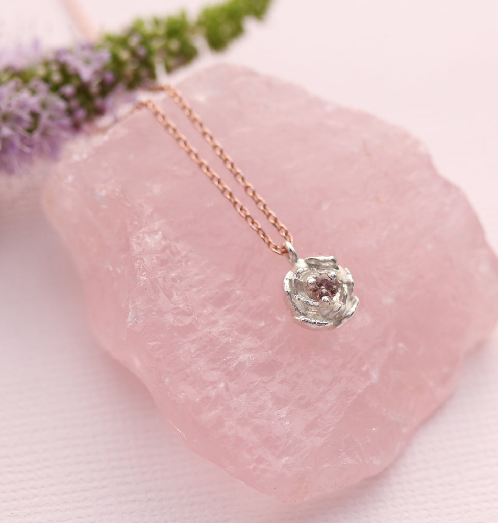 peachy/pink sapphire peony pendant with rose gold chain