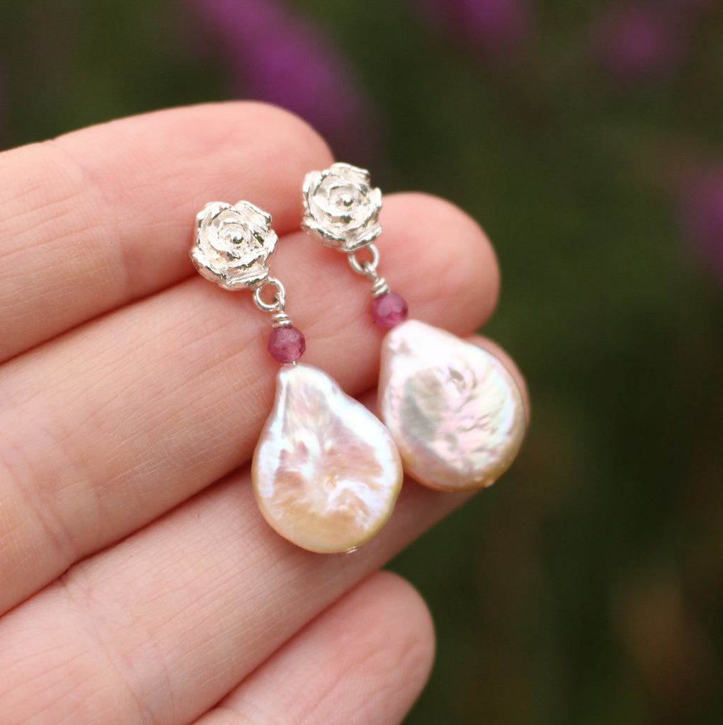 peony silver stud, pearl and pink tourmaline drop earrings