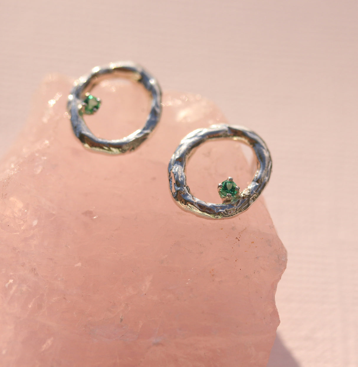 Silver Circle Branch studs with Sapphire or Emerald
