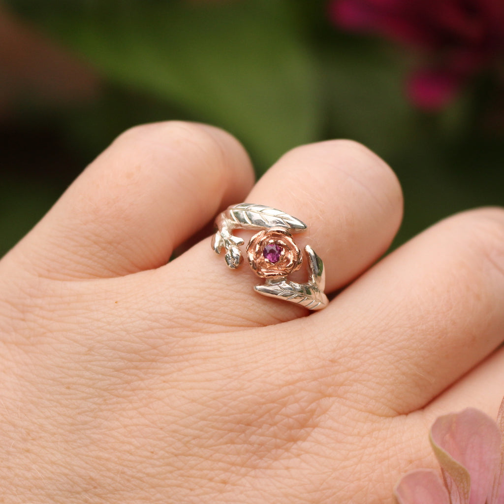 peony ring with sterling silver, rose gold and garnet