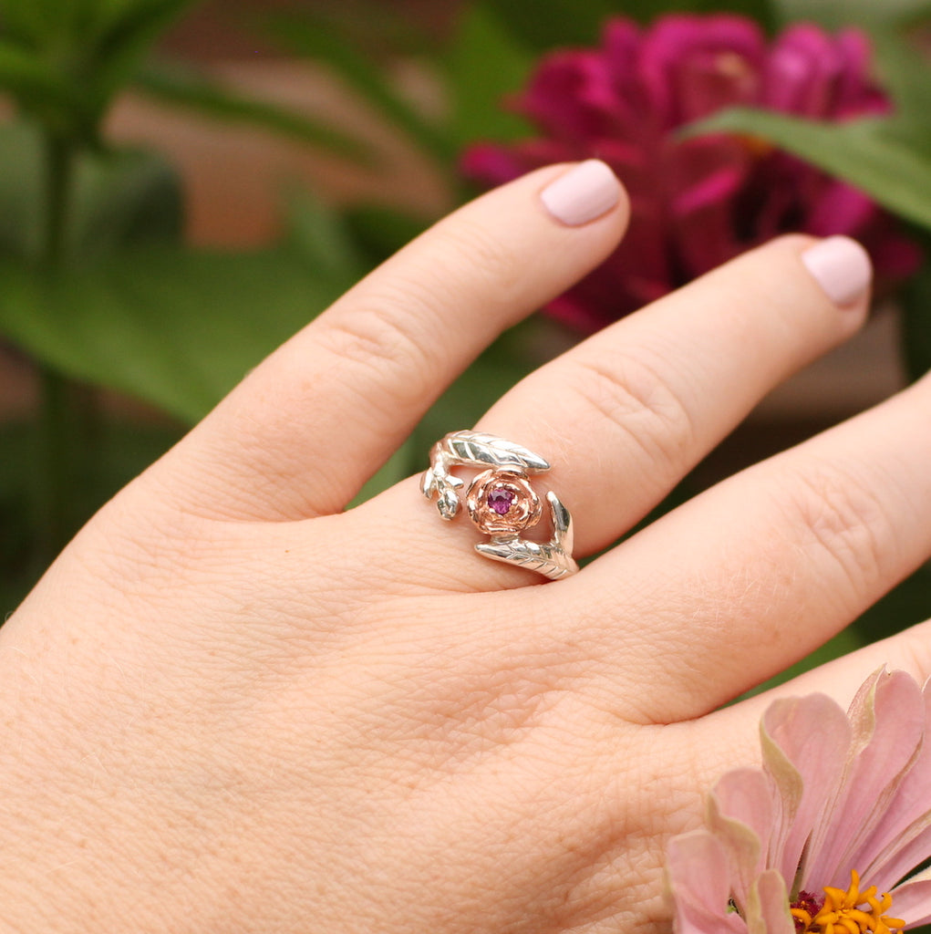 peony ring with sterling silver, rose gold and garnet