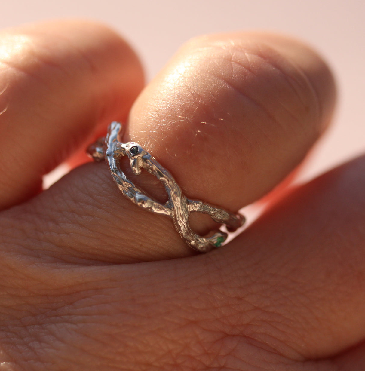 Organic Silver Branch ring with Teal Sapphires and Emerald