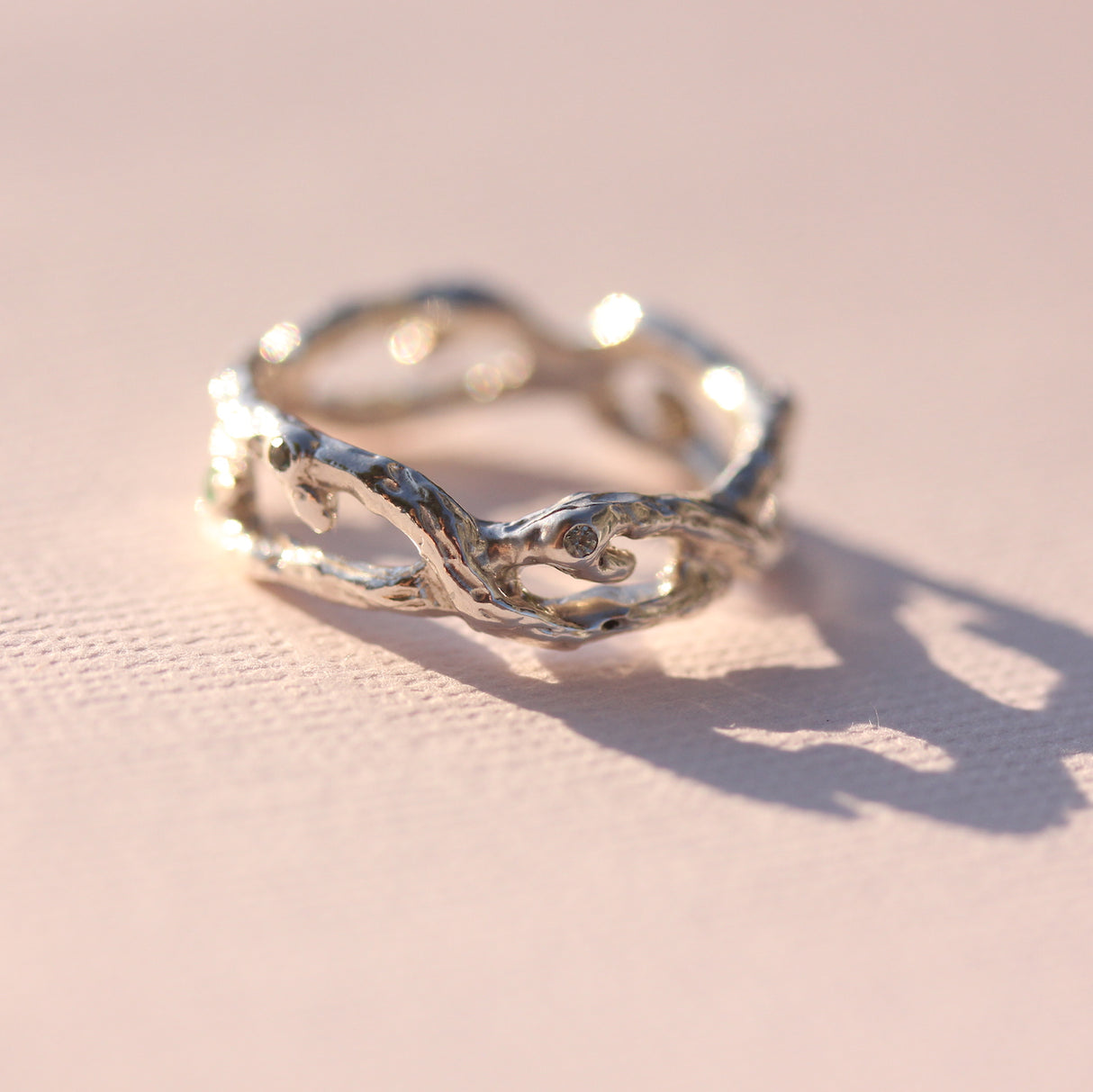 Organic Silver Branch ring with Teal Sapphires and Emerald