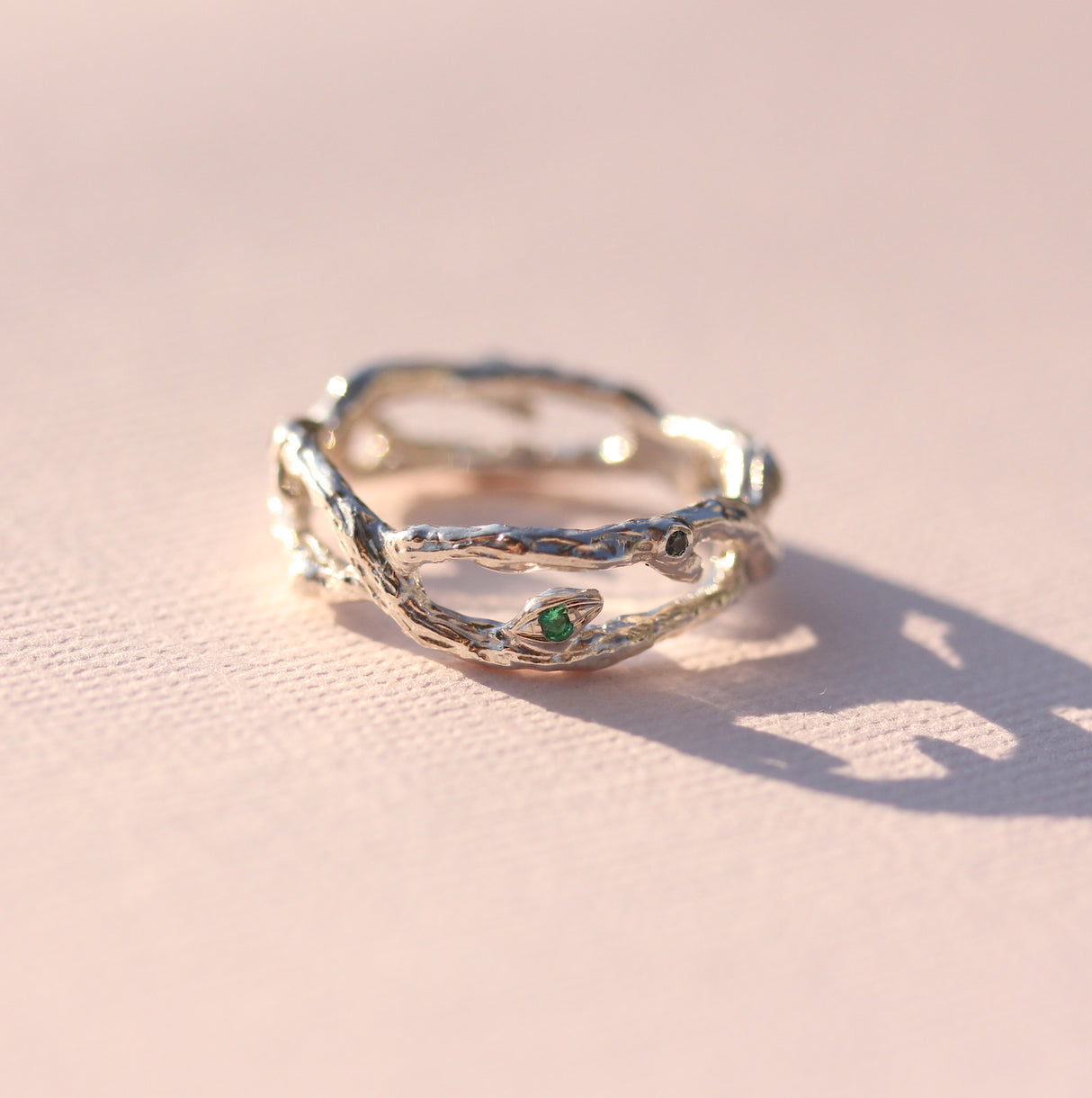 Organic Silver Branch ring with Teal Sapphires and Emerald