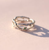 Organic Silver Branch ring with Teal Sapphires and Emerald