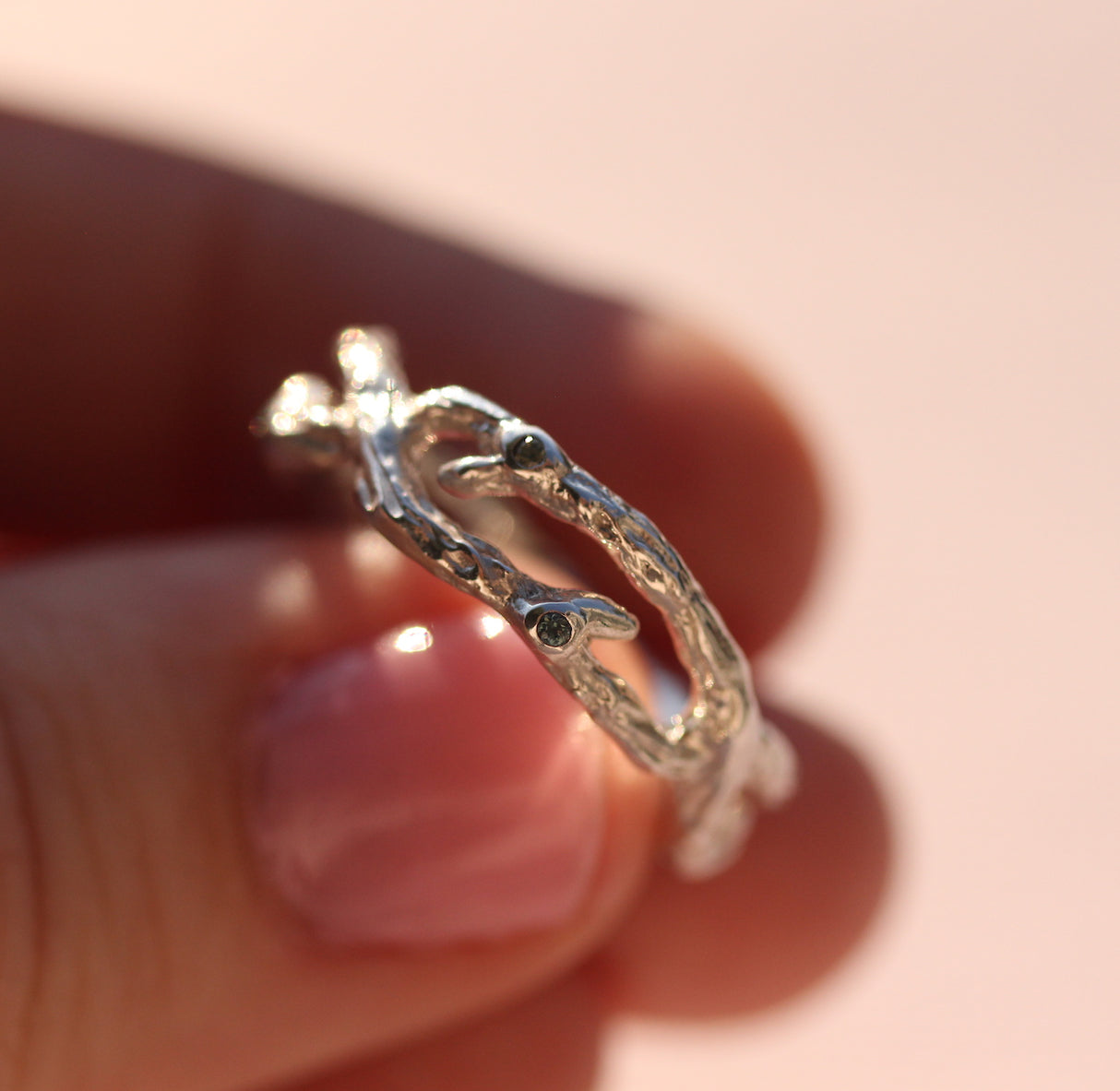 Organic Silver Branch ring with Teal Sapphires and Emerald