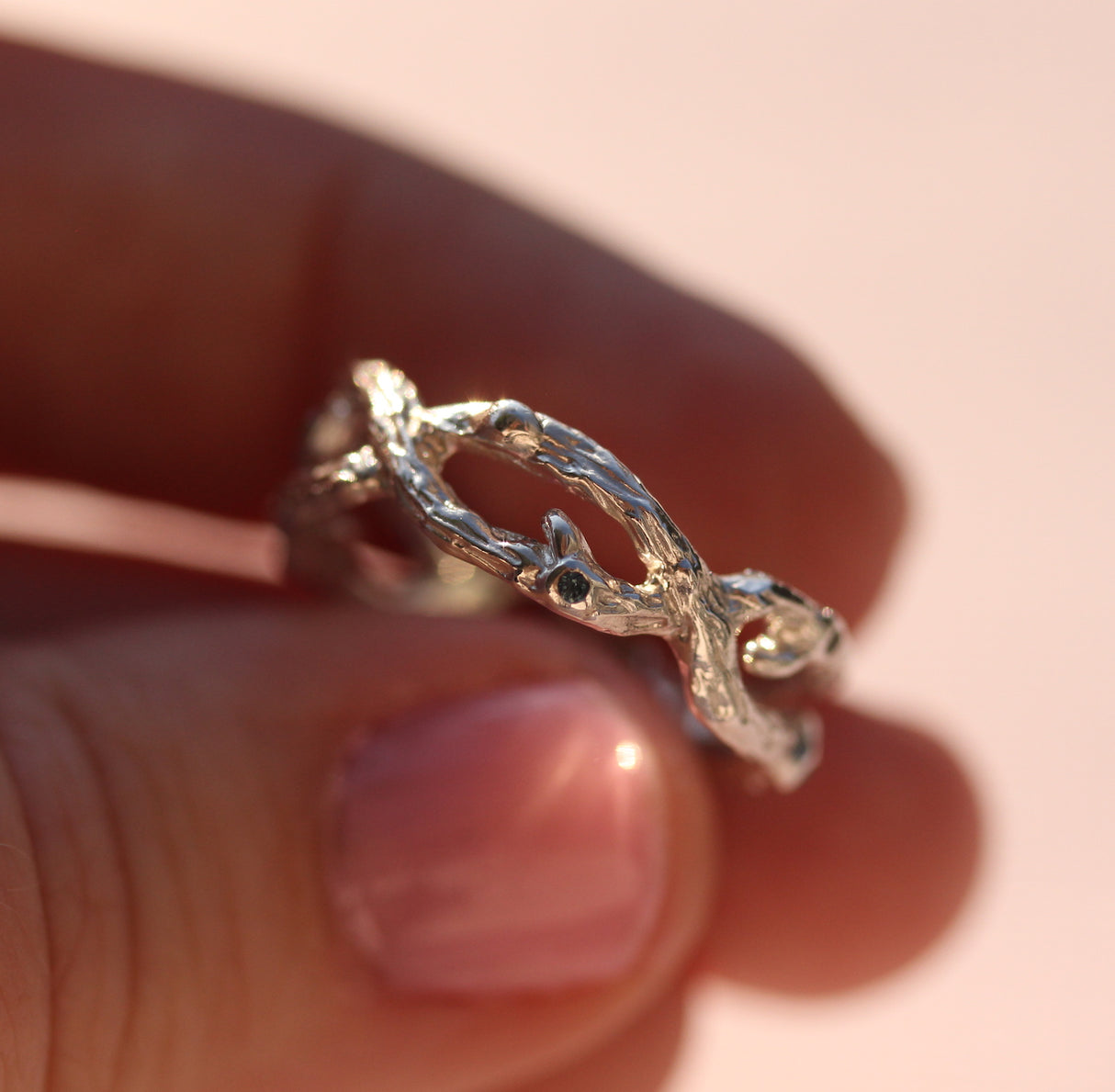 Organic Silver Branch ring with Teal Sapphires and Emerald