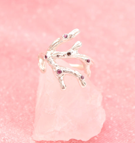 Sterling Silver Branch Ring with Garnet and Diamond