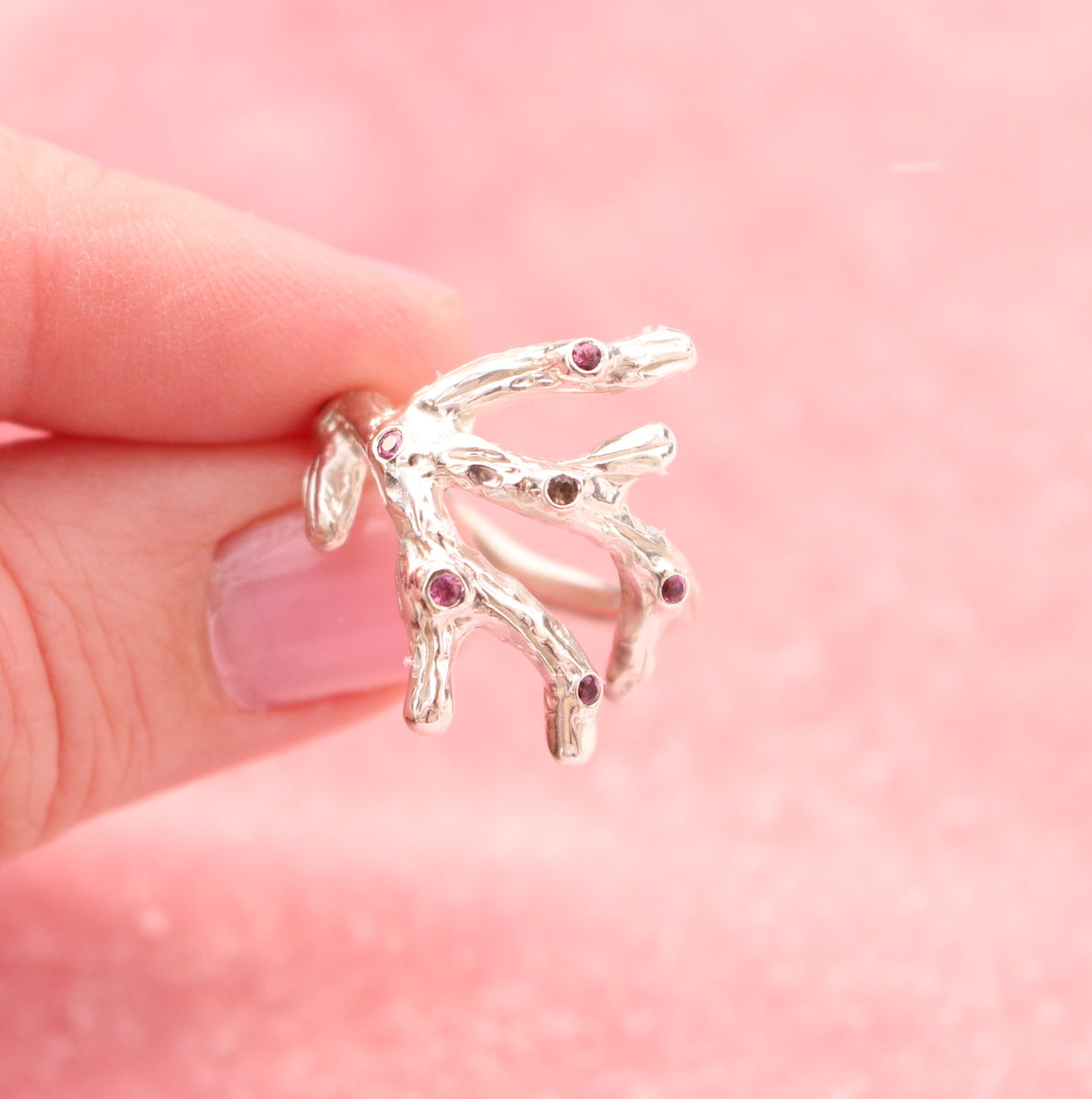 Sterling Silver Branch Ring with Garnet and Diamond