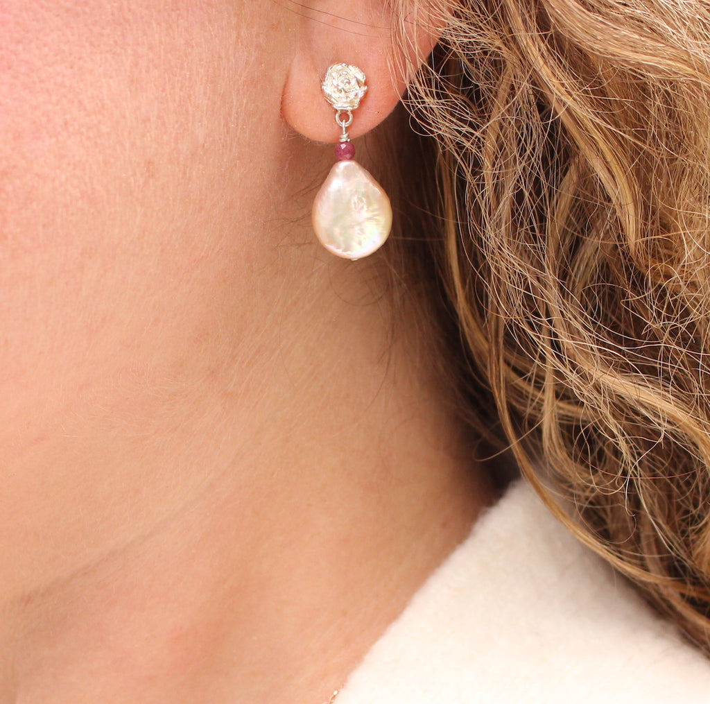 peony silver stud, pearl and pink tourmaline drop earrings