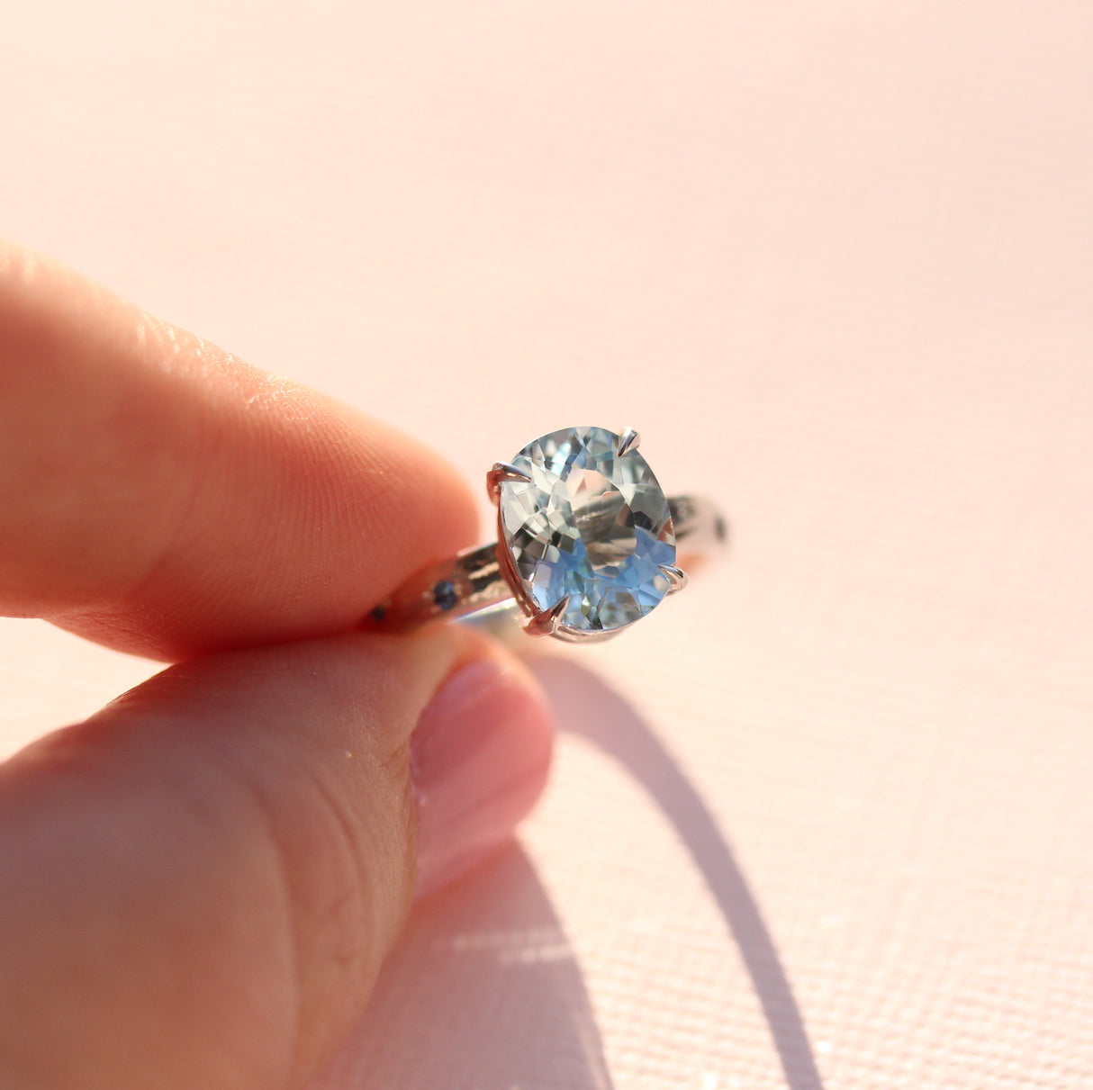 Pale Blue Topaz Water Ring with Hand-Carved water texture