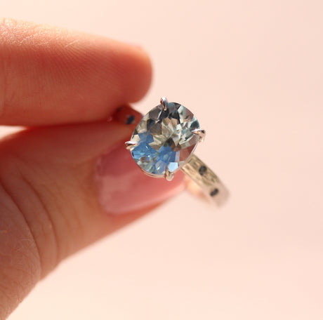 Pale Blue Topaz Water Ring with Hand-Carved water texture