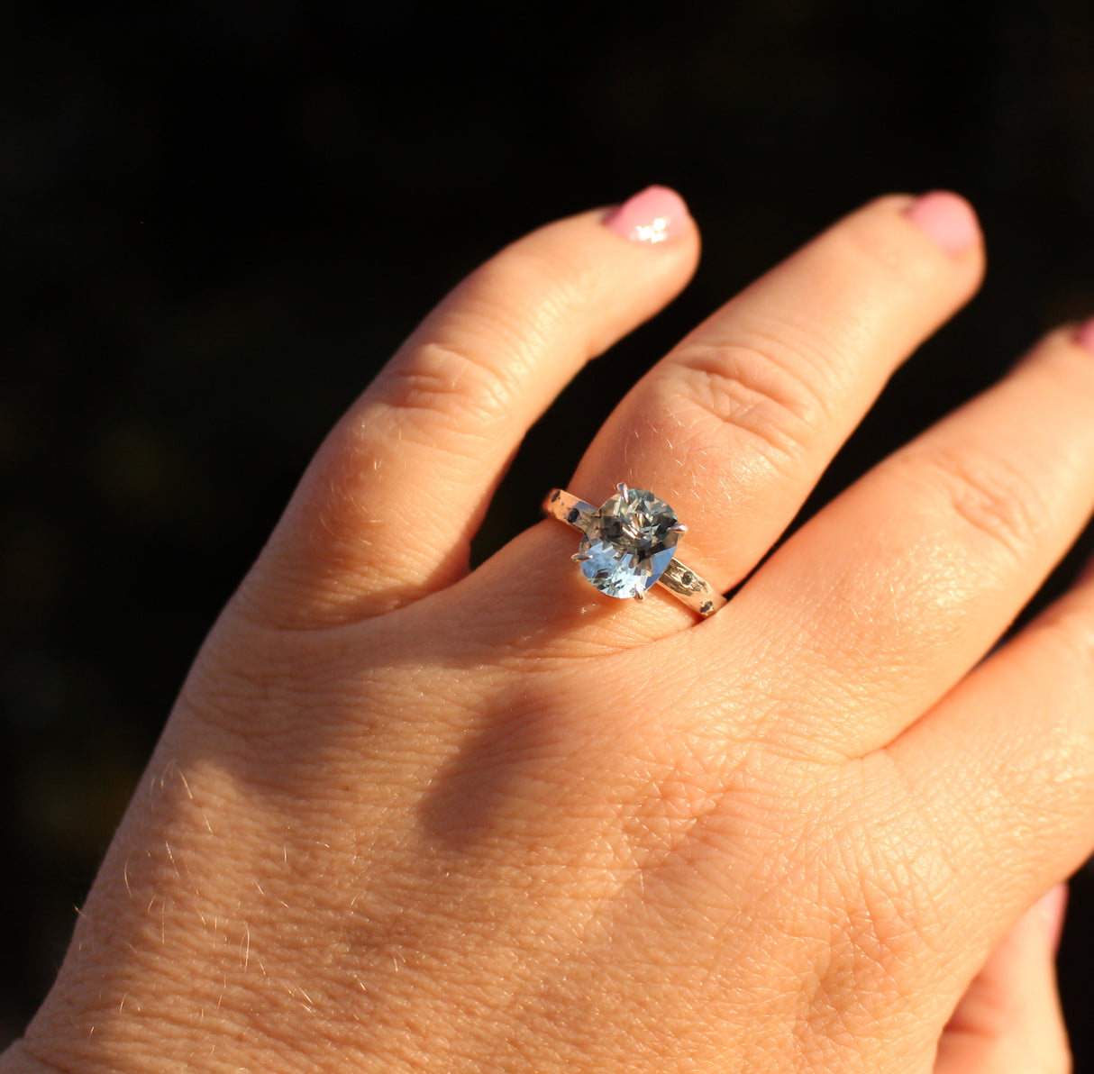 Pale Blue Topaz Water Ring with Hand-Carved water texture