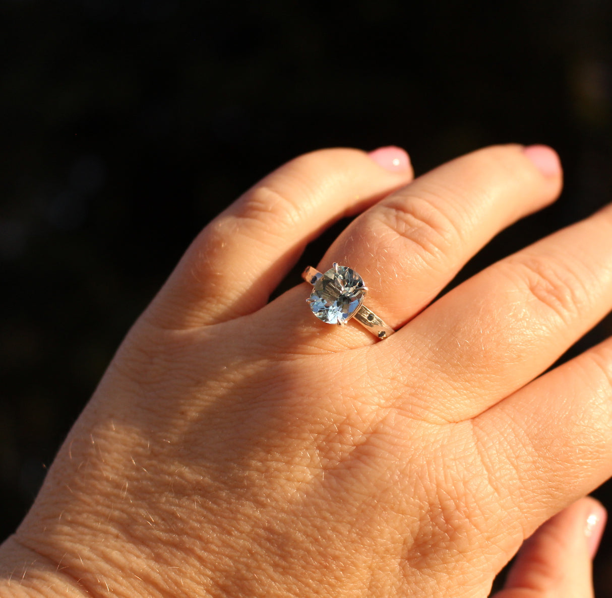 Pale Blue Topaz Water Ring with Hand-Carved water texture