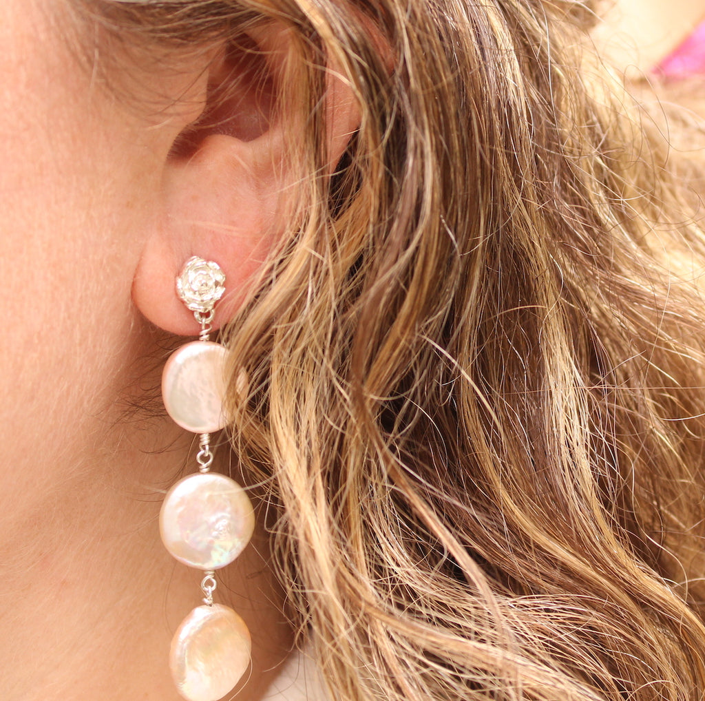 Silver and coin pearl drop earrings