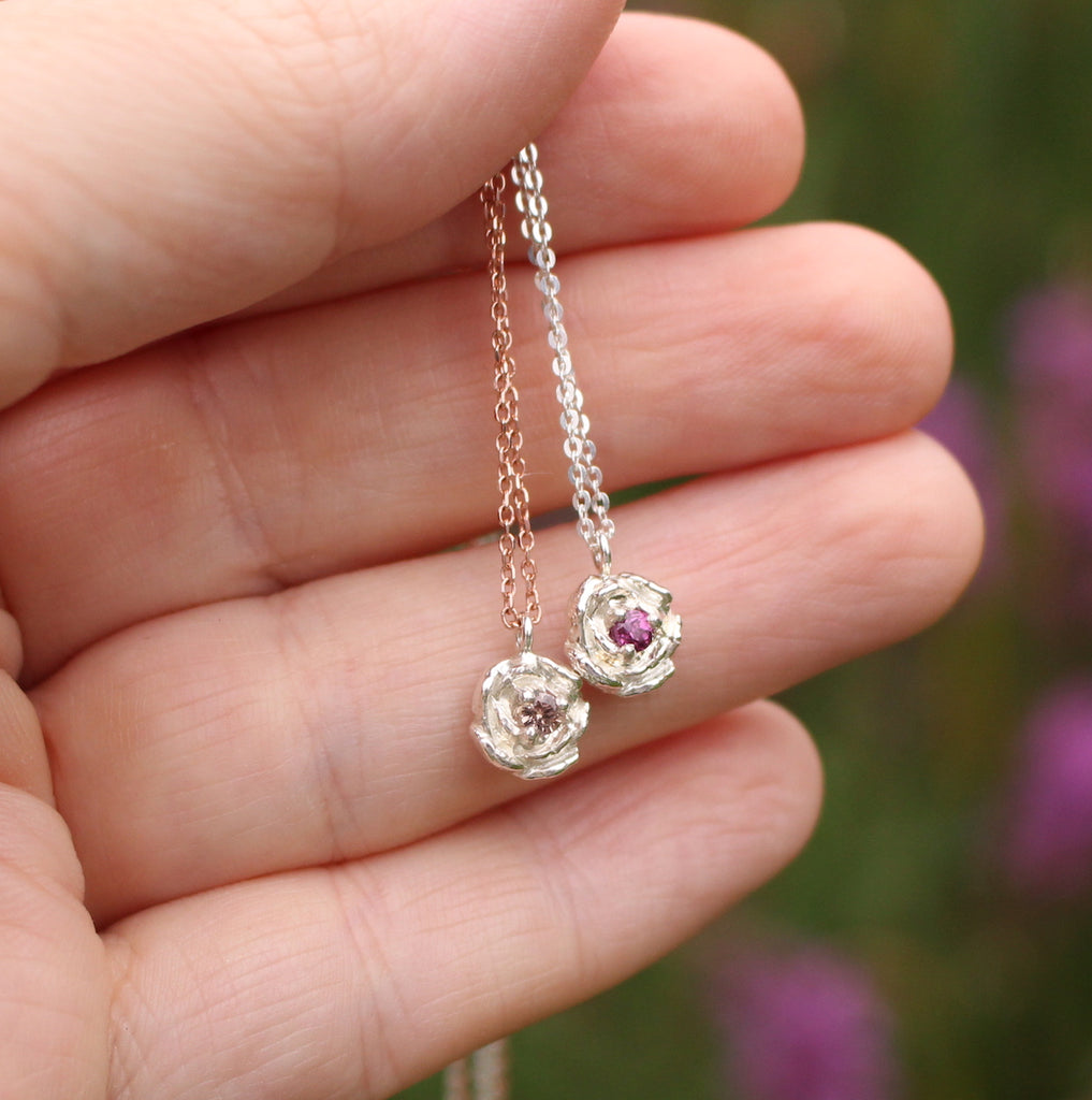 peachy/pink sapphire peony pendant with rose gold chain