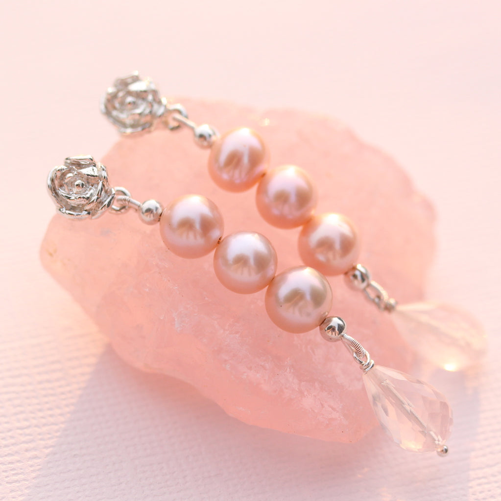Peony Earrings - Pearl and rose quartz