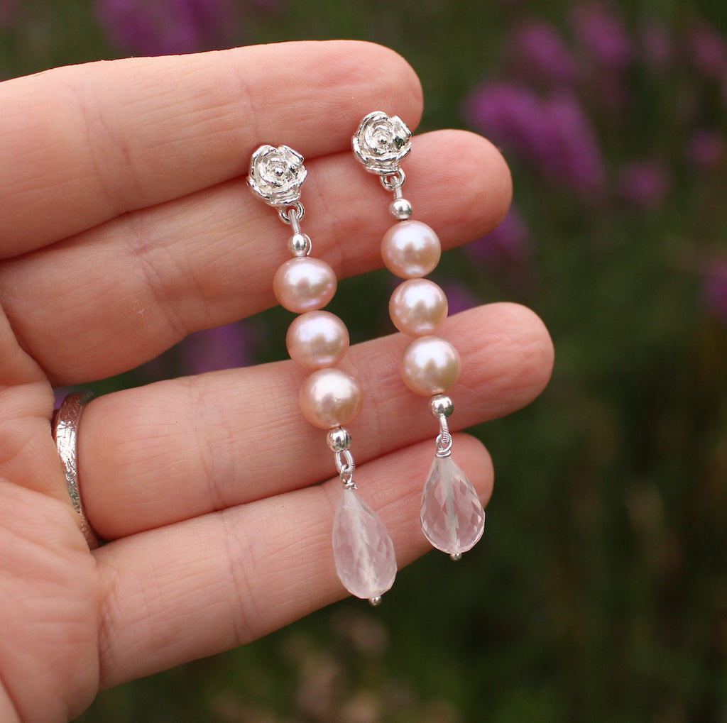 Peony studs with pearls and rose quartz drop earrings