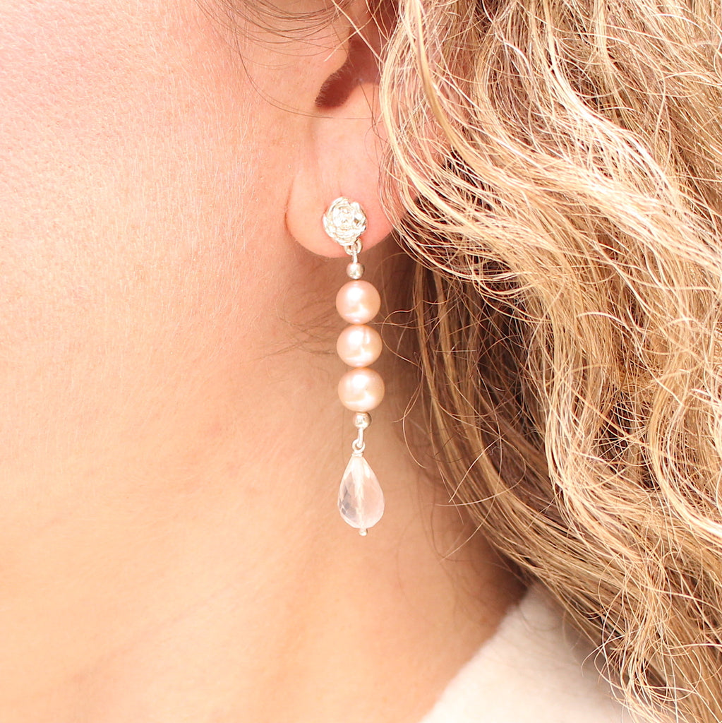 Peony studs with pearls and rose quartz drop earrings