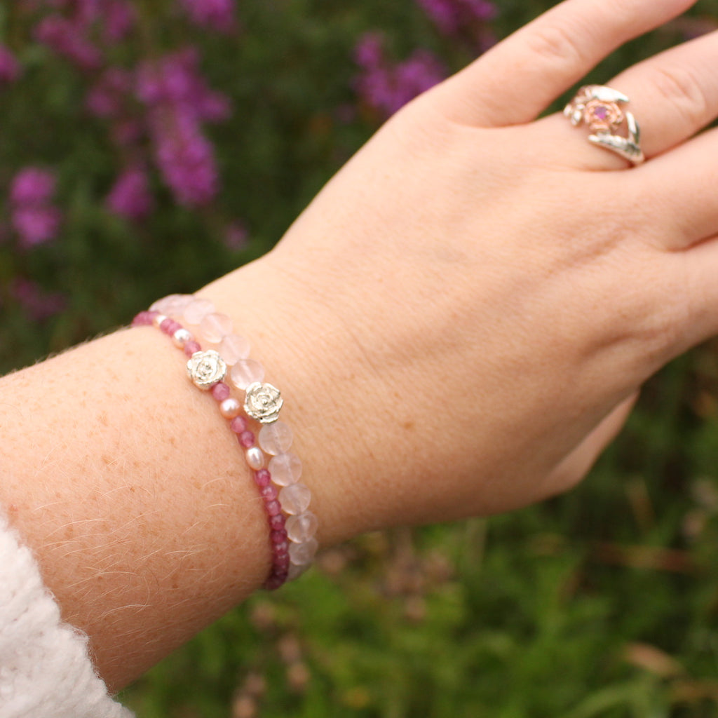 peony bracelet with rose quartz