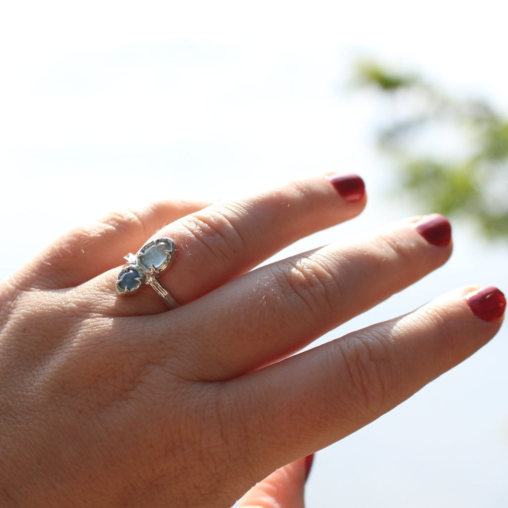 Rose cut Aquamarine Ring - dark and light blue