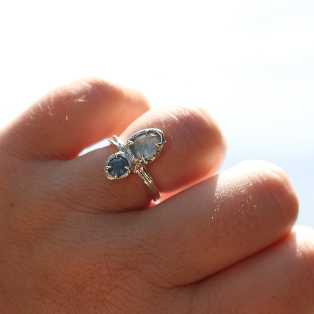 Rose cut Aquamarine Ring - dark and light blue